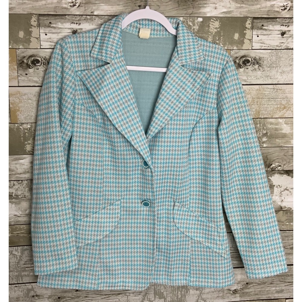 Vintage Womens Blue Houndstooth ILGWU Polyester‎ Dress Jacket Size 14